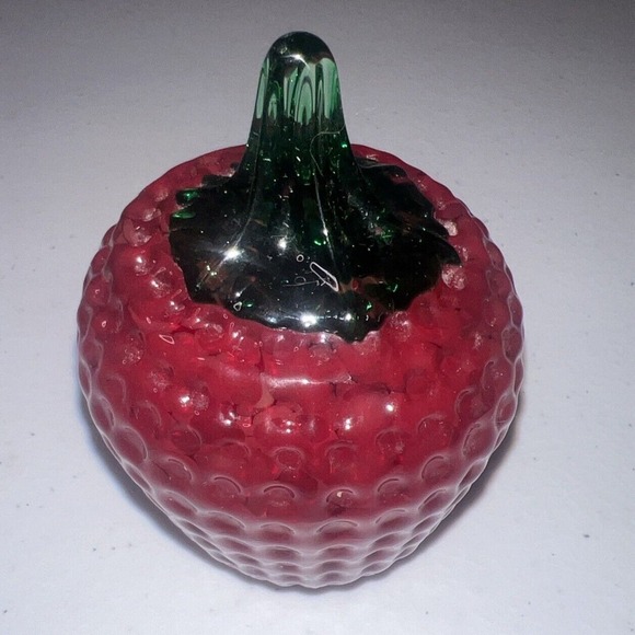 1990 Joe Rice Art Glass Strawberry Red‎ Green Leaves Figurine Paperweight 3.75” - Picture 2 of 7